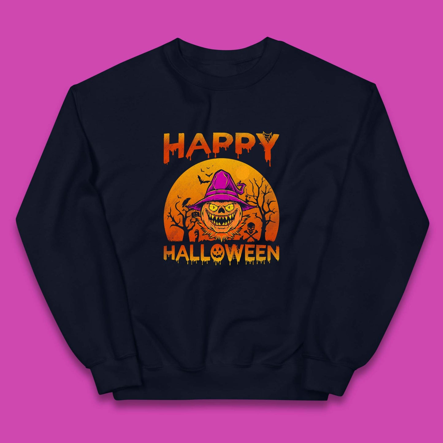 Happy Halloween Monster Pumpkin With Witch Hat Horror Scary Spooky Season Kids Jumper