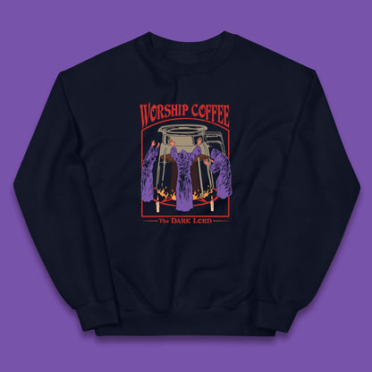 Worship Coffee The Dark Lord Aesthetic Vintage Coffee Retro Halloween Coffee Lover Faith Kids Jumper