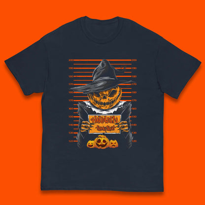 Halloween Trick Or Treat Scarecrow Mugshot Pumpkin Head Witch Hat Horror Scary Kids T Shirt