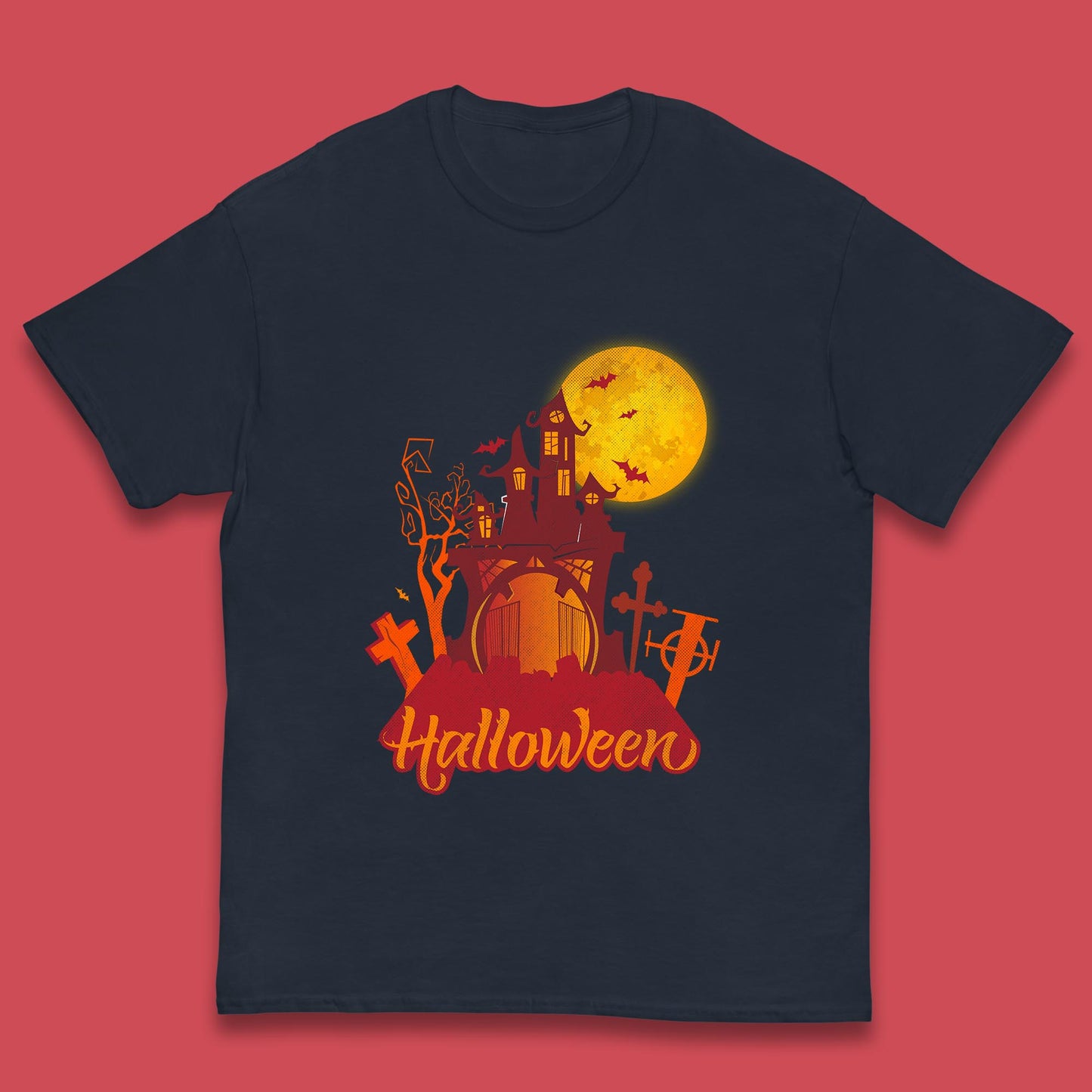 Halloween Lettering With Full Moon Scary Haunted House Flying Bats Horror Graveyard Kids T Shirt