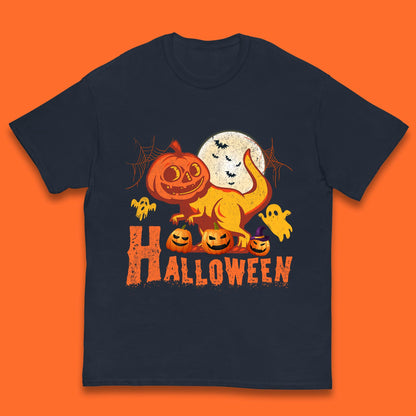 Halloween Dinosaur Jack O Lantern T-Rex Funny Dino Pumpkin Scary Boo and Bats Festive Costume Kids T Shirt