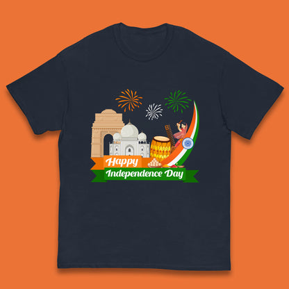 Happy India Independence Day 15th August Patriotic Indian Flag India Architectural Landmarks Kids T Shirt