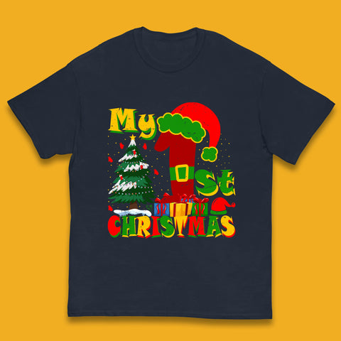 My First Christmas Elf Costume & Hat Xmas Tree Festive Celebration Kids T Shirt