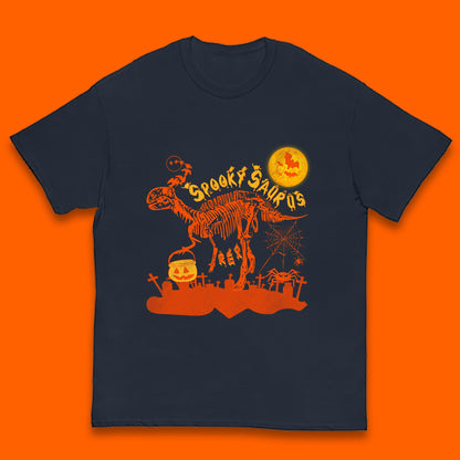 Spooky Saurus Rex Halloween Dinosaur Skeleton T-Rex Scary Pumpkin Kids T Shirt