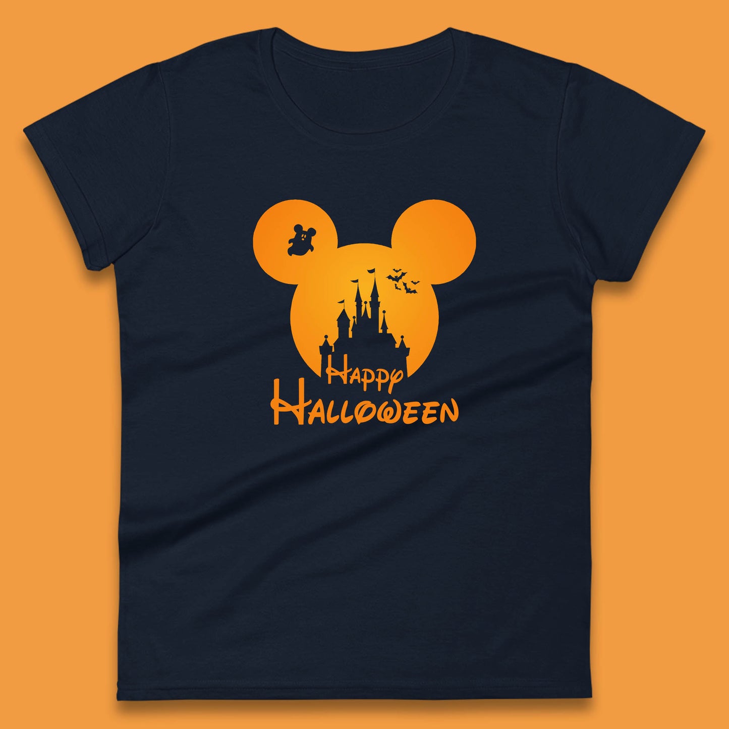 Happy Halloween Mickey Mouse Disney Castle Halloween Scary Boo Flying Bats Womens Tee Top