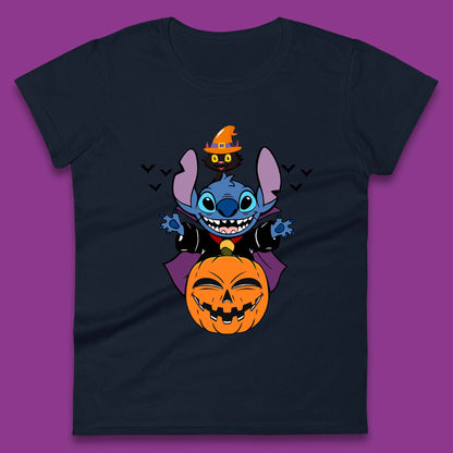 Disney Halloween Pumpkin Devil Stitch With Black Cat Horror Scary Disney Lilo & Stitch Womens Tee Top