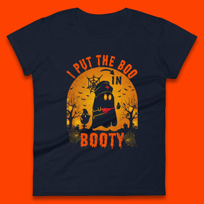 I Put The Boo In Booty Nurse Ghost Syringe Funny Halloween Nursing Boo Ghost Costume Womens Tee Top