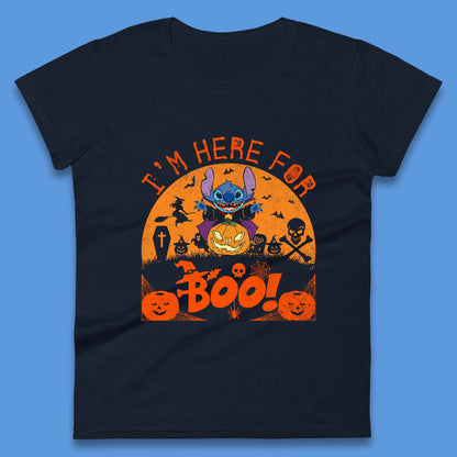 I'm Here For The Boo Disney Stitch Disney Halloween Pumpkin Devil Stitch Horror Scary Lilo & Stitch Womens Tee Top