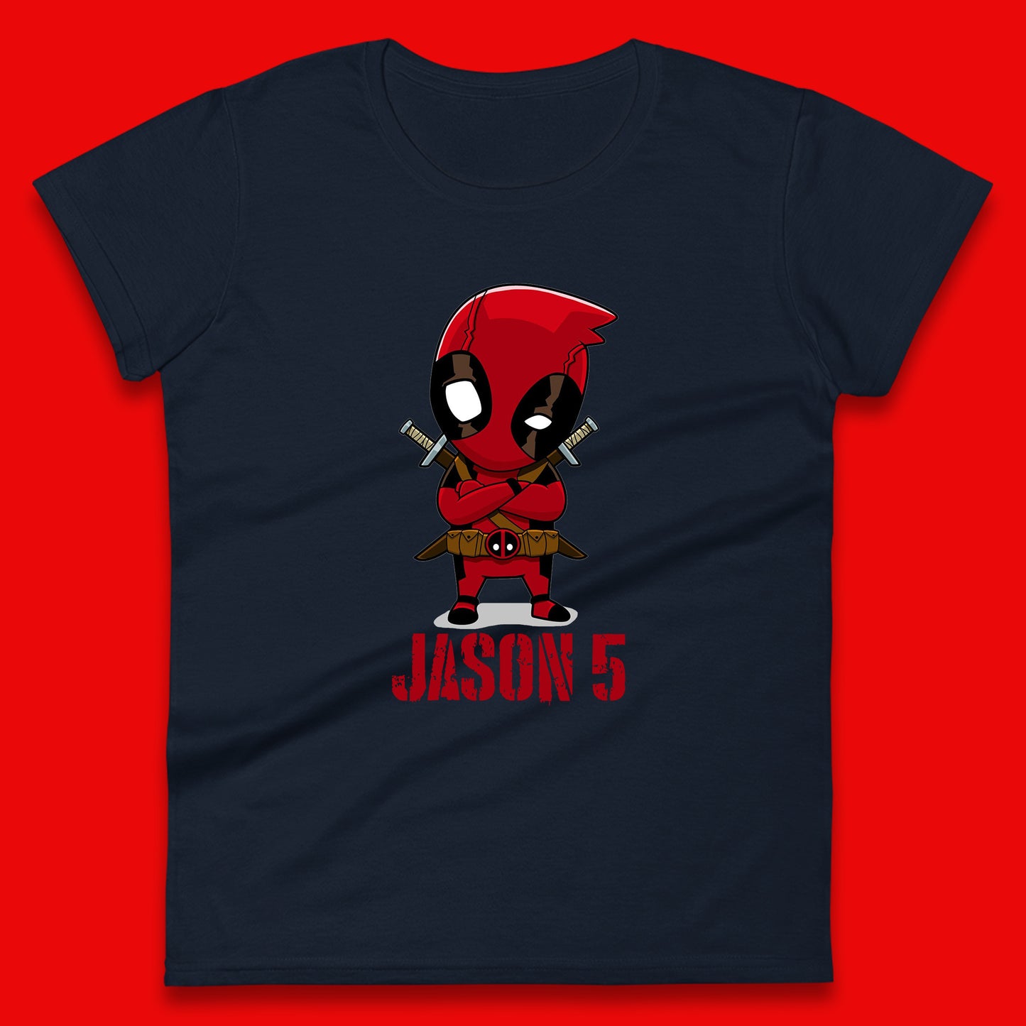 Personalised Chibi Deadpool Fictional Character Your Name & Age Superhero Comic Book Character Deadpool Marvel Comics Womens Tee Top