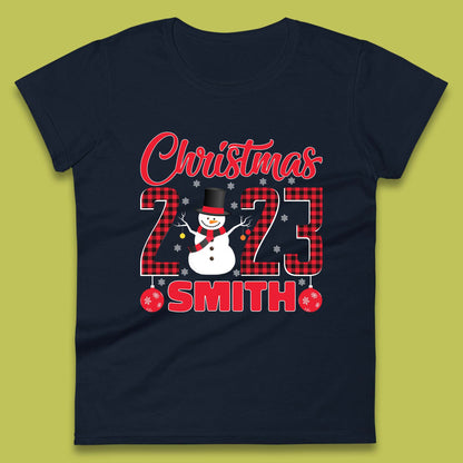 Personalised Christmas 2023 Your Name Snowman Buffalo Plaid Xmas Womens Tee Top