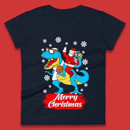 Santa Claus Riding T-Rex Christmas Womens T-Shirt