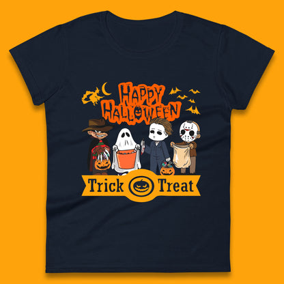 Happy Halloween Trick Or Treat Chibi Horror Movie Characters Killer Womens Tee Top