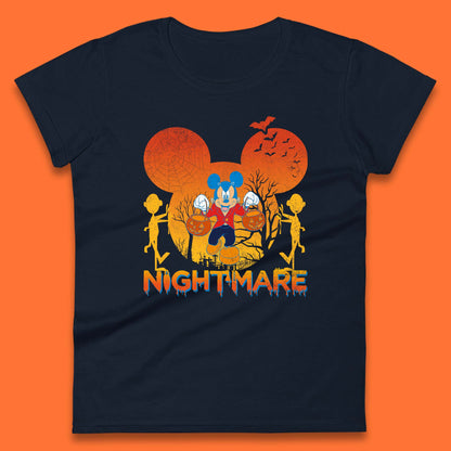 Halloween Nightmare Disney Mickey Mouse Holding Pumpkin Bucket Horror Scary Disneyland Trip Womens Tee Top