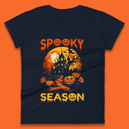 Spooky Season Happy Halloween Full Moon Dark Night Haunted House Womens Tee Top