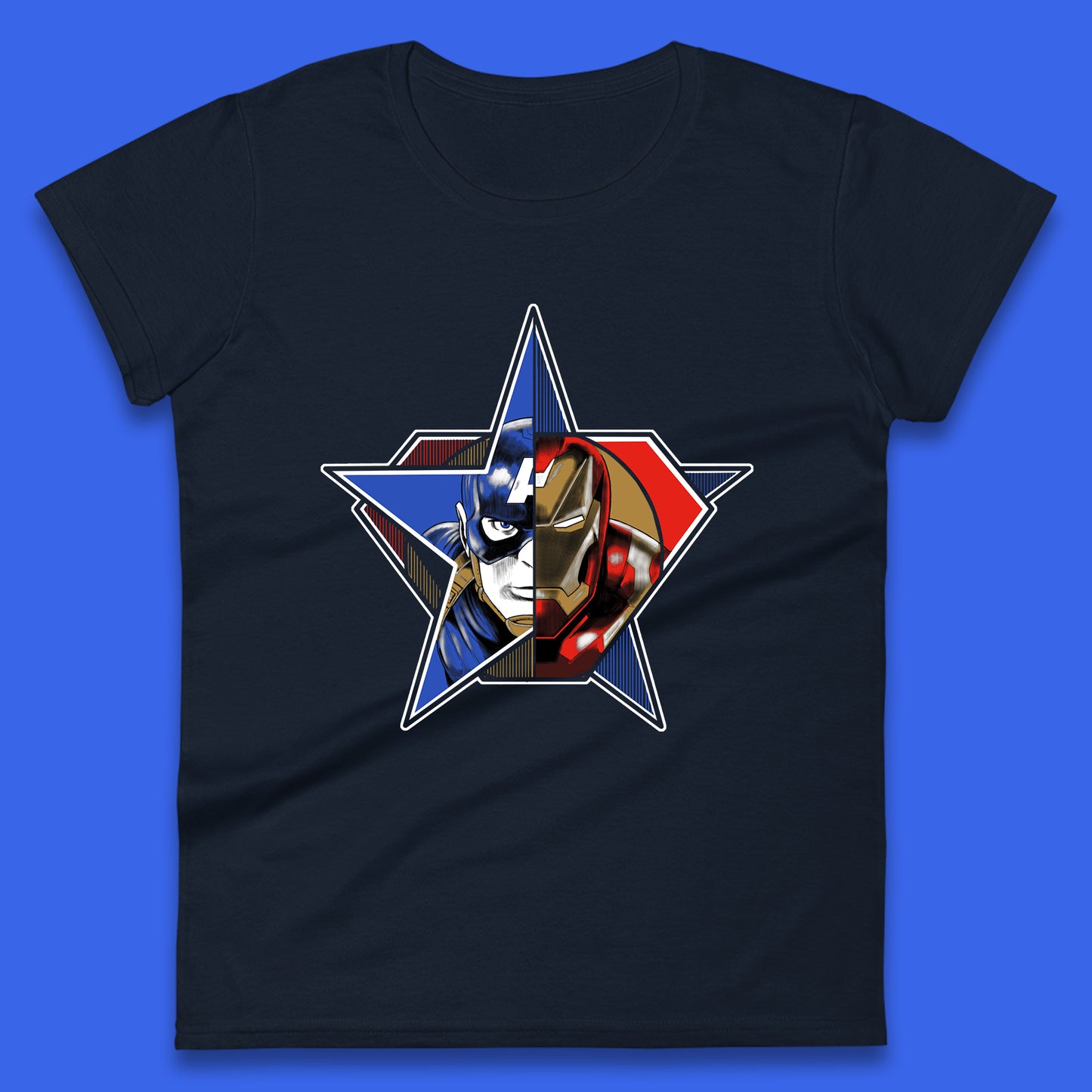 Captain America Logo With Iron Man Marvel Avengers Superheros Movie Character Womens Tee Top