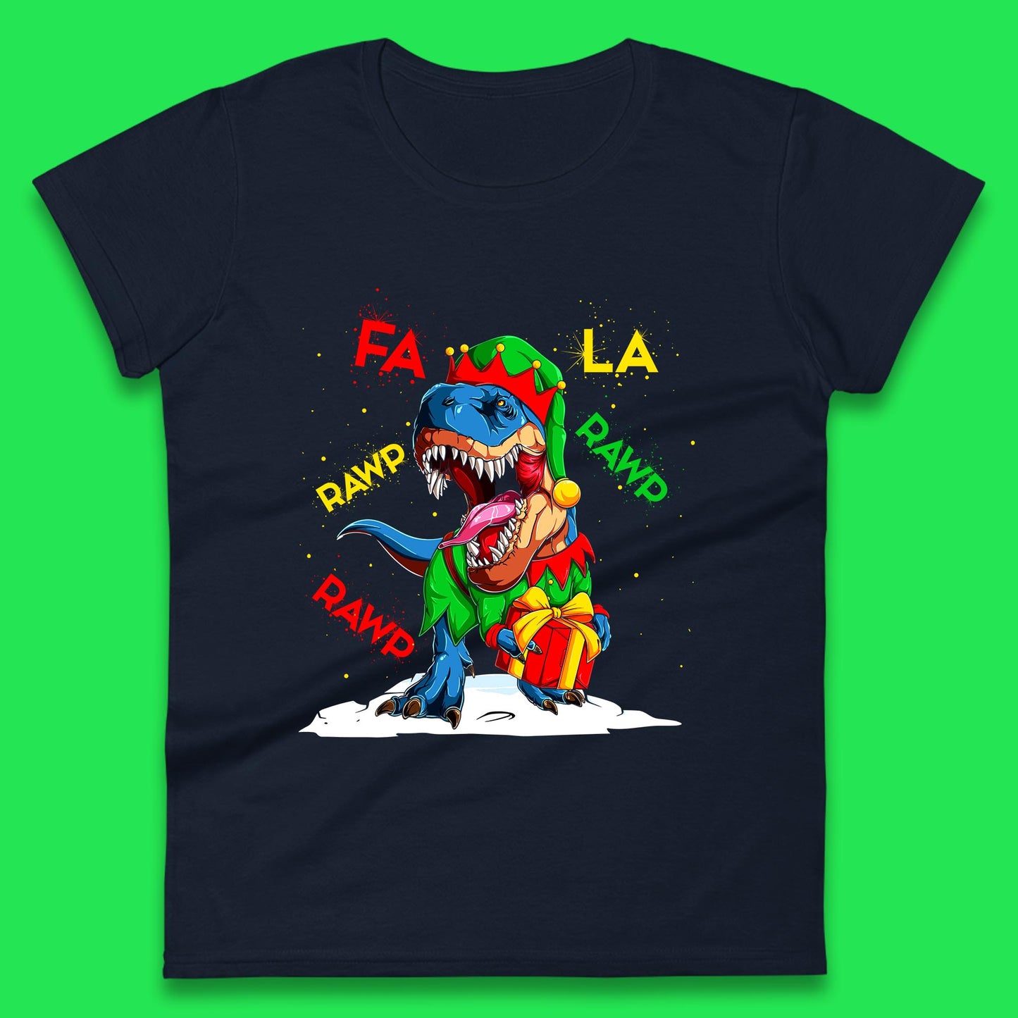 Fa La Rawr Rawr Christmas Dinosaur Wearing Elf Costume & Holding Gifts Xmas T-Rex Womens Tee Top