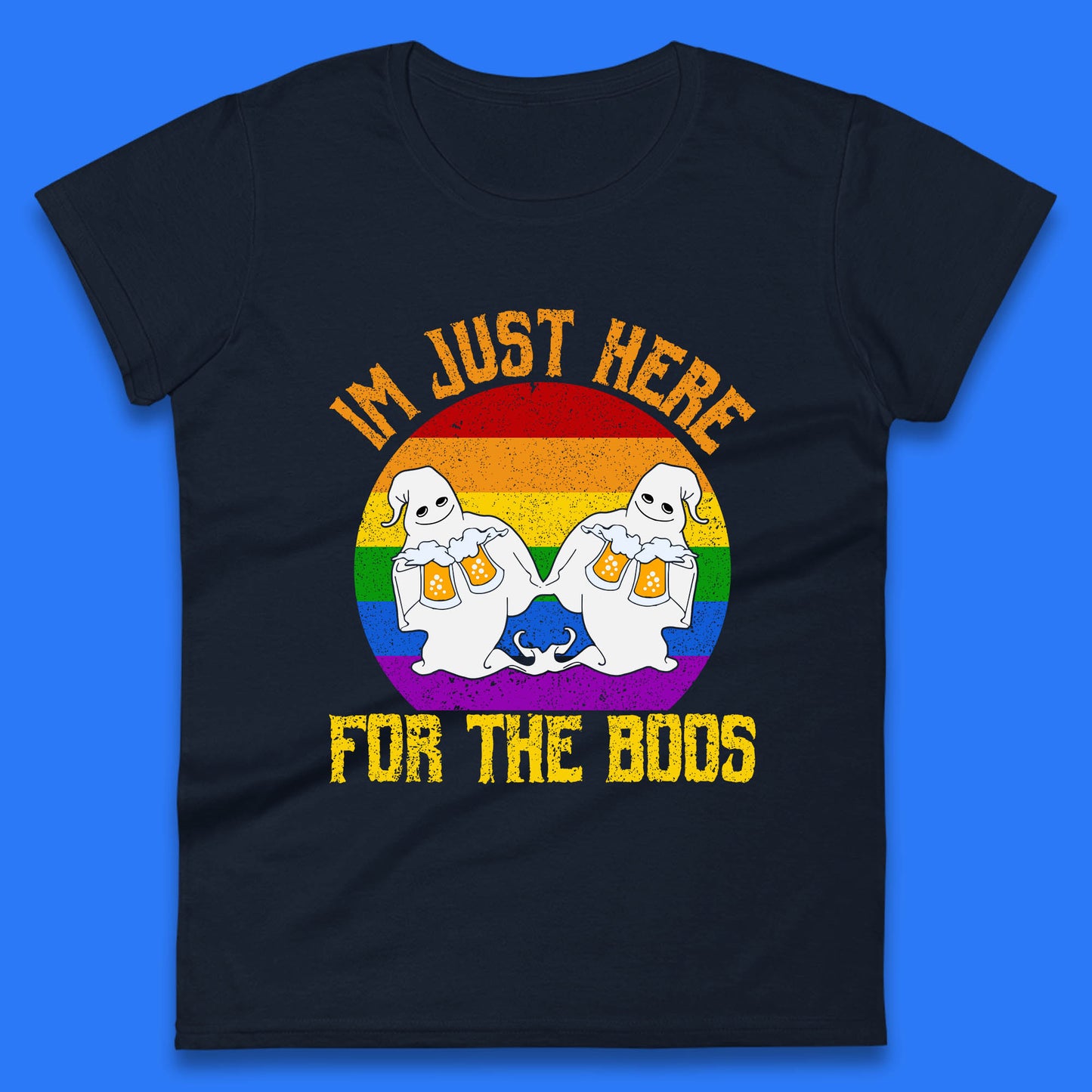 Halloween I Just Here For The Boos Gay Boo Ghosts Drinking Beer LGBTQ Pride Beer Womens Tee Top