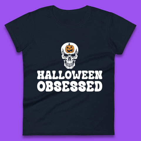 Skull Pumpkin Halloween Obsessed Funny Pumpkin Obsessed Party Spooky Season Womens Tee Top
