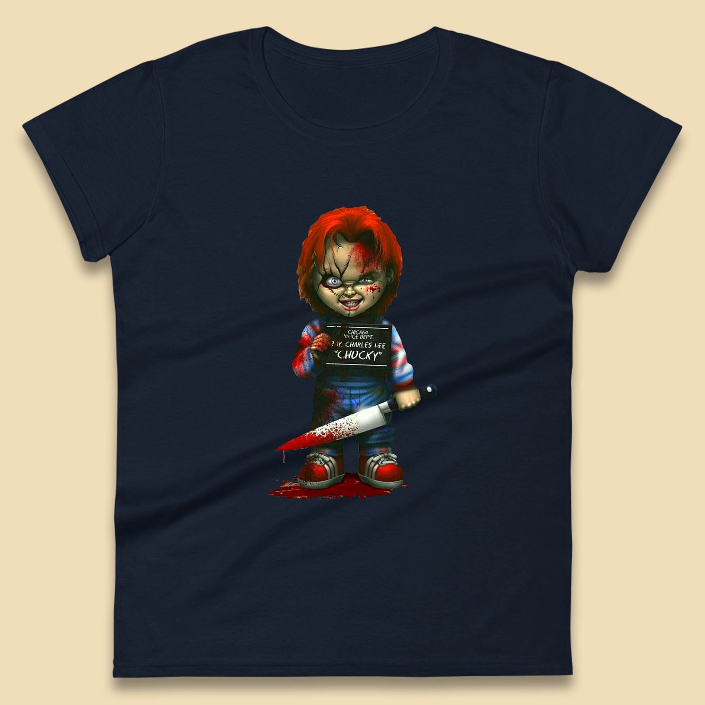 Chucky Mug Shot Chicago Police Dept Ray Charles Lee Chucky Halloween Horror Movie Womens Tee Top