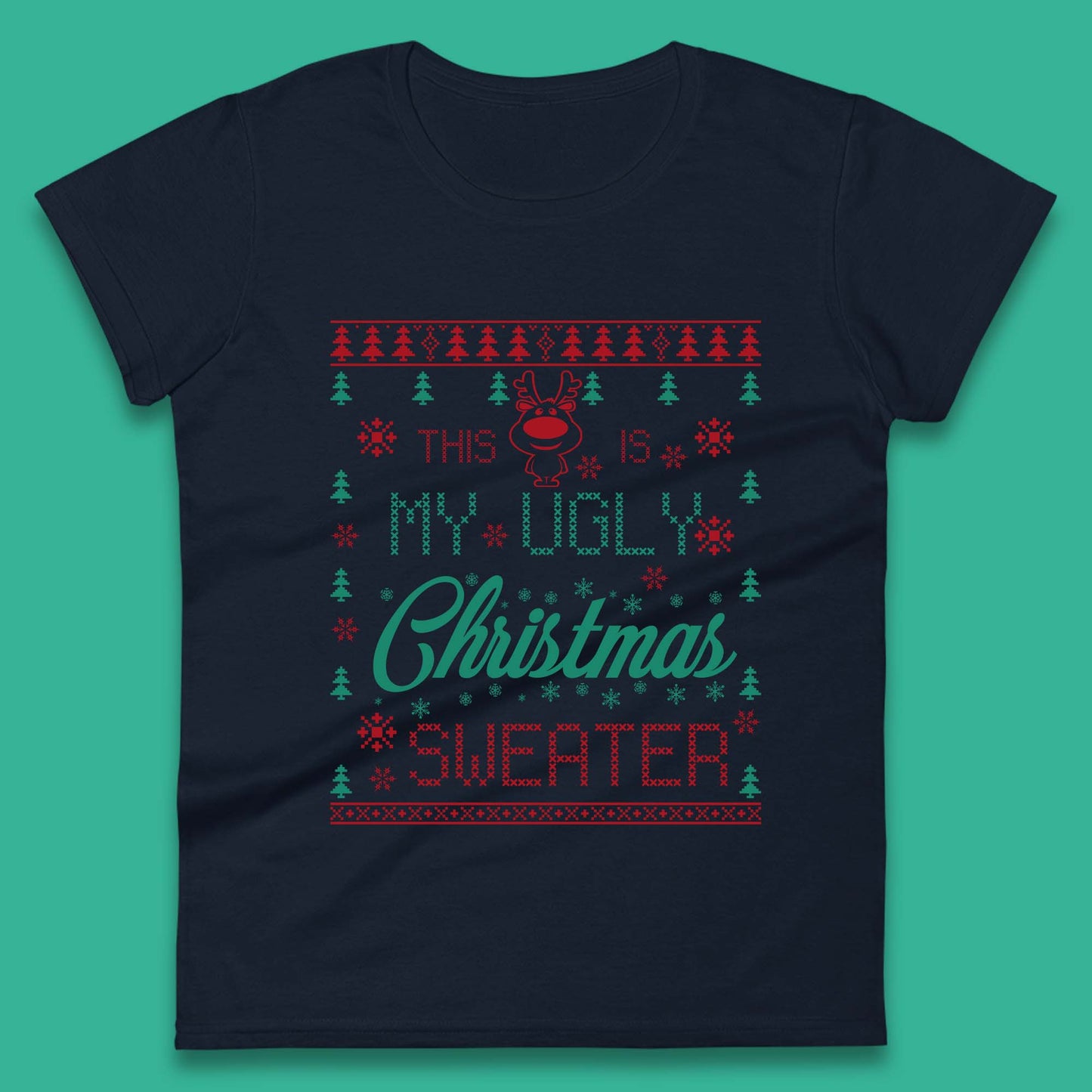 Ugly Christmas Sweater Reindeer Womens T-Shirt