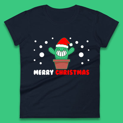 merry christmas little cactus with santa hat womens t shirt