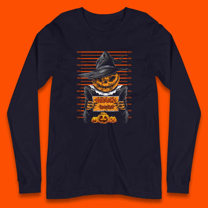 Halloween Trick Or Treat Scarecrow Mugshot Pumpkin Head Witch Hat Horror Scary Long Sleeve T Shirt