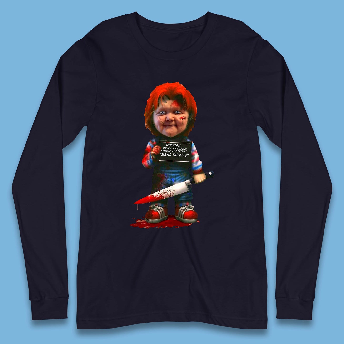 Chucky Mug Shot Russian Police Dept Hasbulla Magomedov Chucky Mini Khabib Inspired Halloween Horror Movie Good Guy Chucky Long Sleeve T Shirt