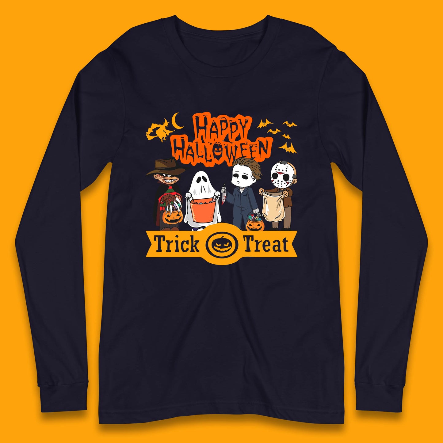 Happy Halloween Trick Or Treat Chibi Horror Movie Characters Killer Long Sleeve T Shirt