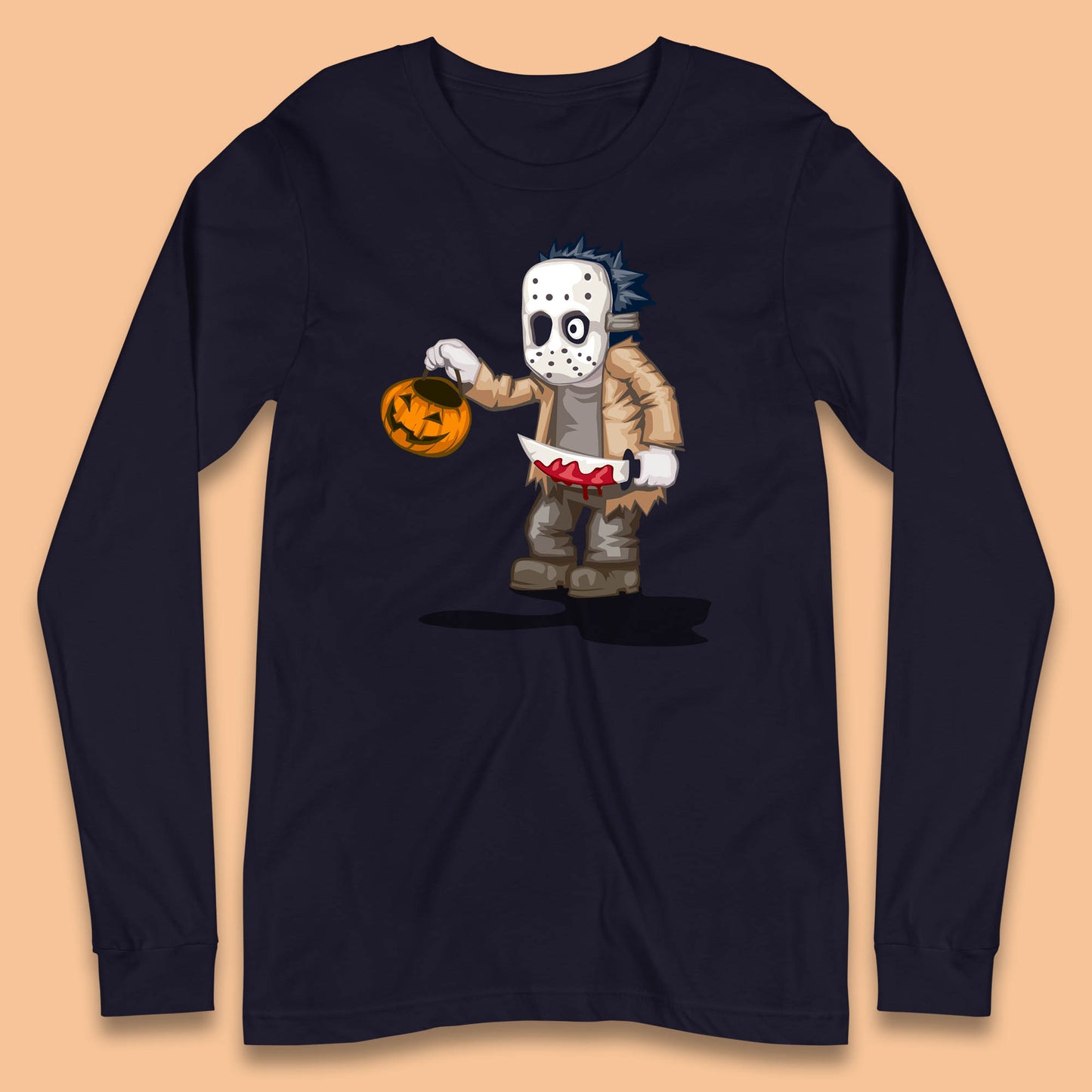 Chibi Jason Voorhees Holding Bloody Knife And Pumpkin Bucket Halloween Friday The 13th Horror Movie Long Sleeve T Shirt