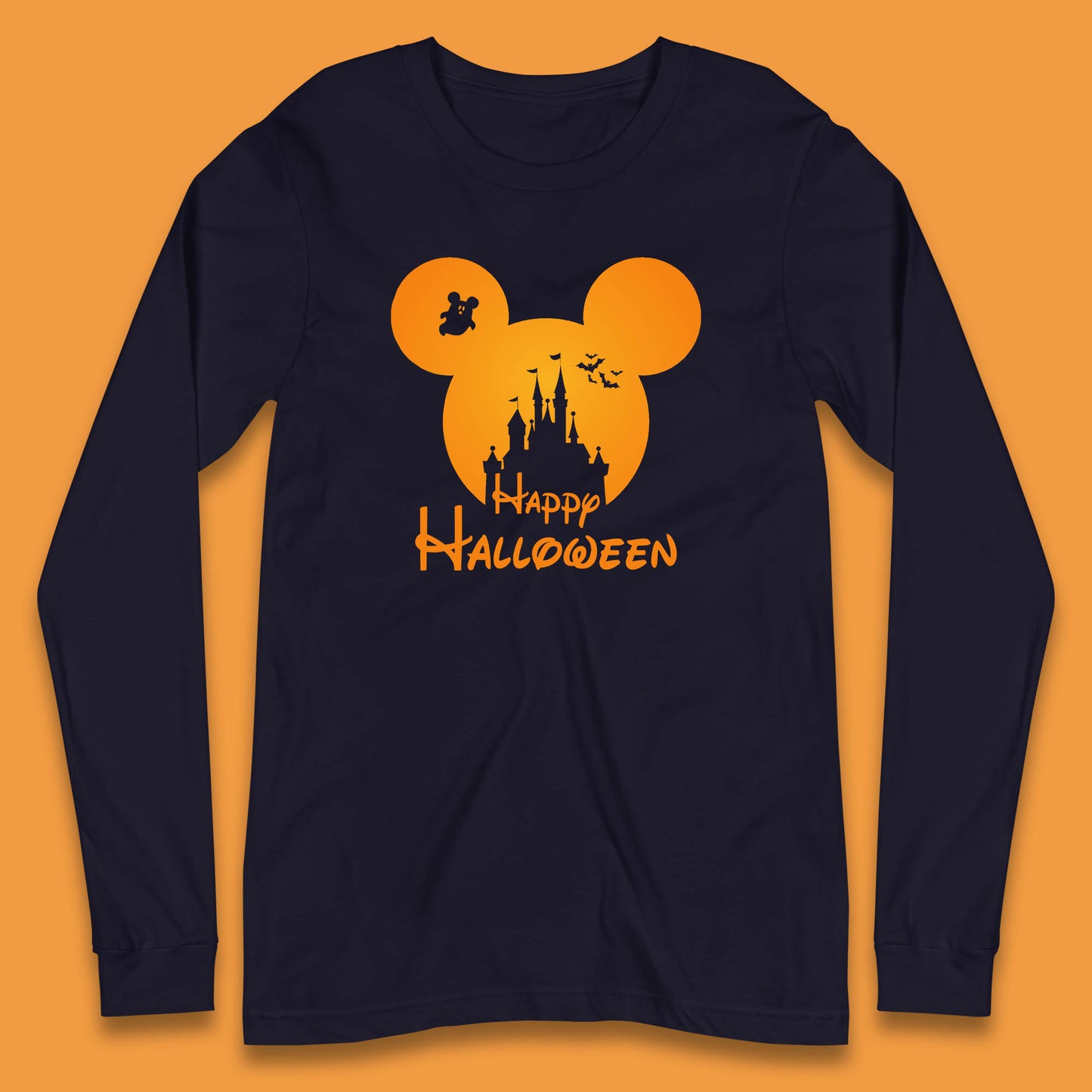 Happy Halloween Mickey Mouse Disney Castle Halloween Scary Boo Flying Bats Long Sleeve T Shirt