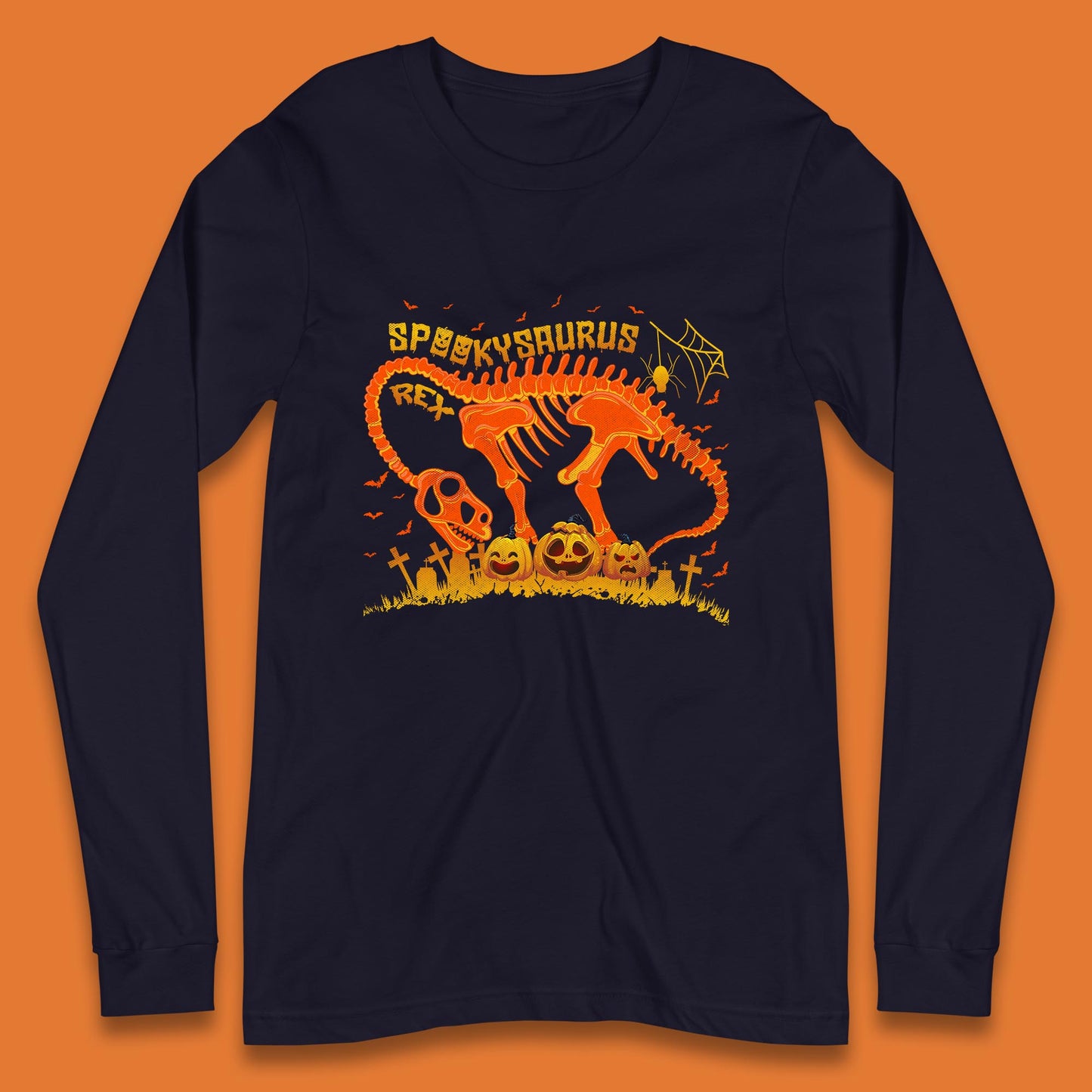 Spooky Saurus Rex Halloween Dinosaur T-Rex Skeleton With Scary Pumpkins Long Sleeve T Shirt