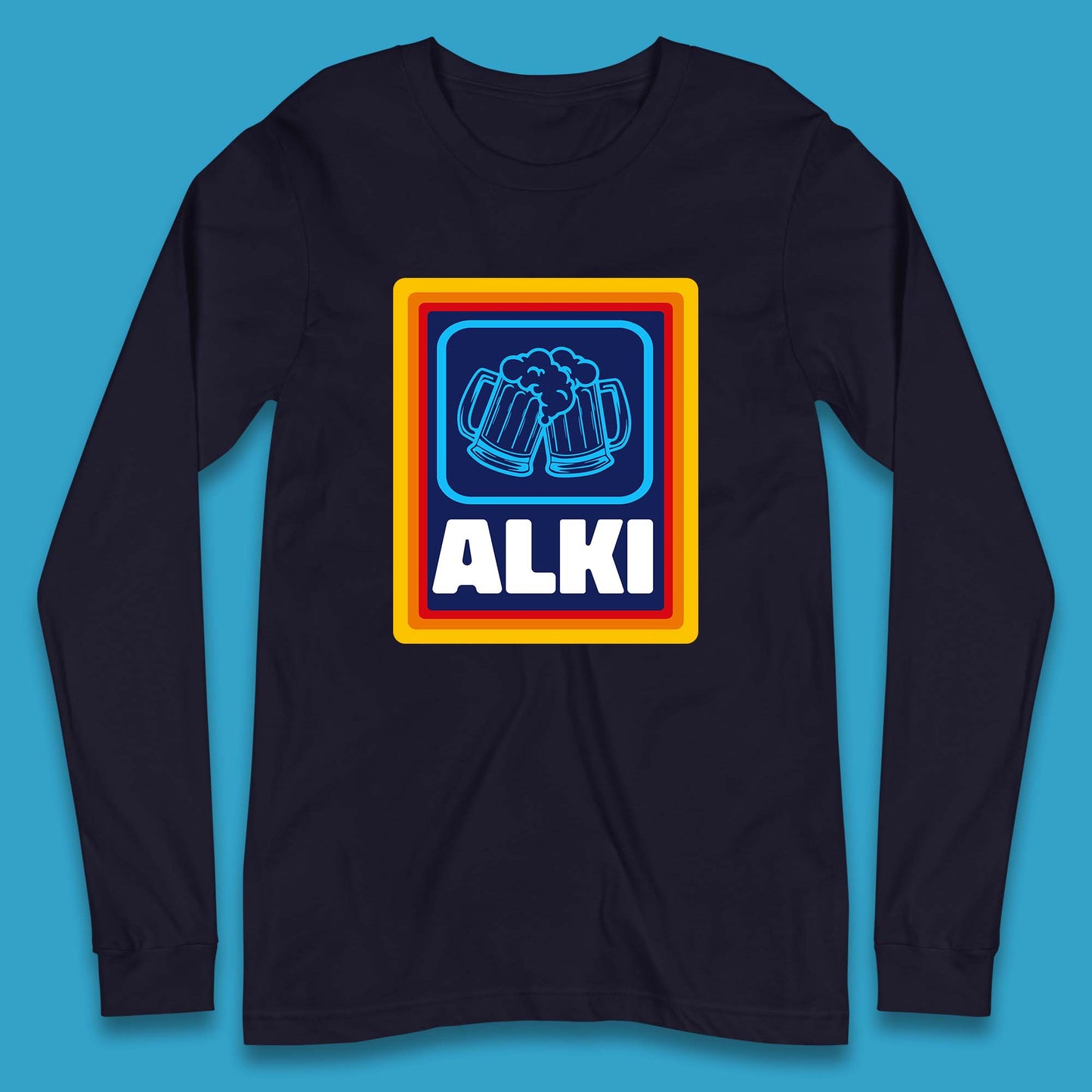 Alki Aldi Drink Pub Beer Joke Funny Parody Novelty Gift Long Sleeve T Shirt