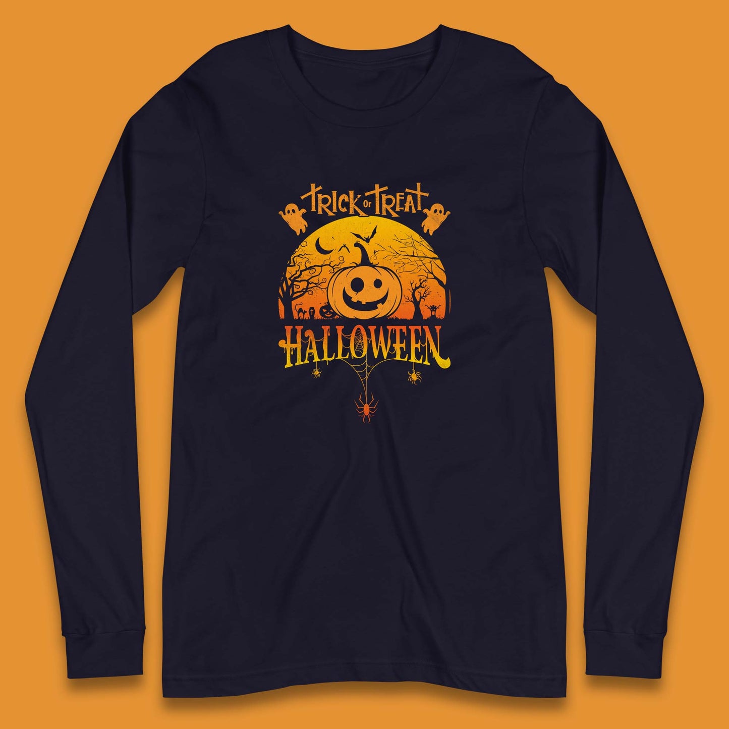 Trick Or Treat Halloween Pumpkin Haunted Trees Scary Spooky Season Long Sleeve T Shirt