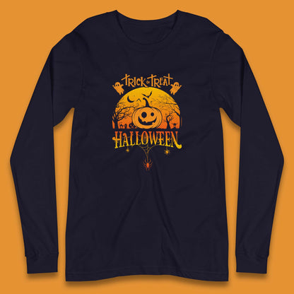 Trick Or Treat Halloween Pumpkin Haunted Trees Scary Spooky Season Long Sleeve T Shirt