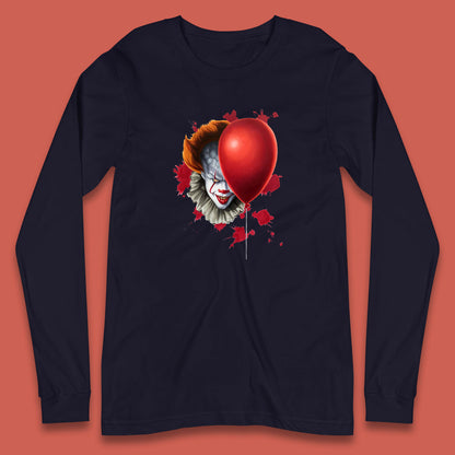 IT Pennywise Clown With Balloon Halloween Evil Clown Costume Horror Movie Serial Killer Long Sleeve T Shirt