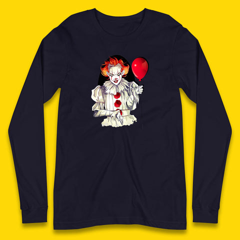 IT Pennywise Clown Holding Balloon Halloween Evil Pennywise Clown Costume Horror Movie Serial Killer Long Sleeve T Shirt