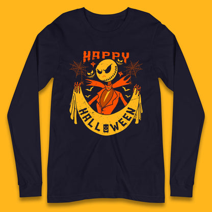 Happy Halloween Jack Skellington Holding Banner Nightmare Before Christmas Scary Nightmare Long Sleeve T Shirt