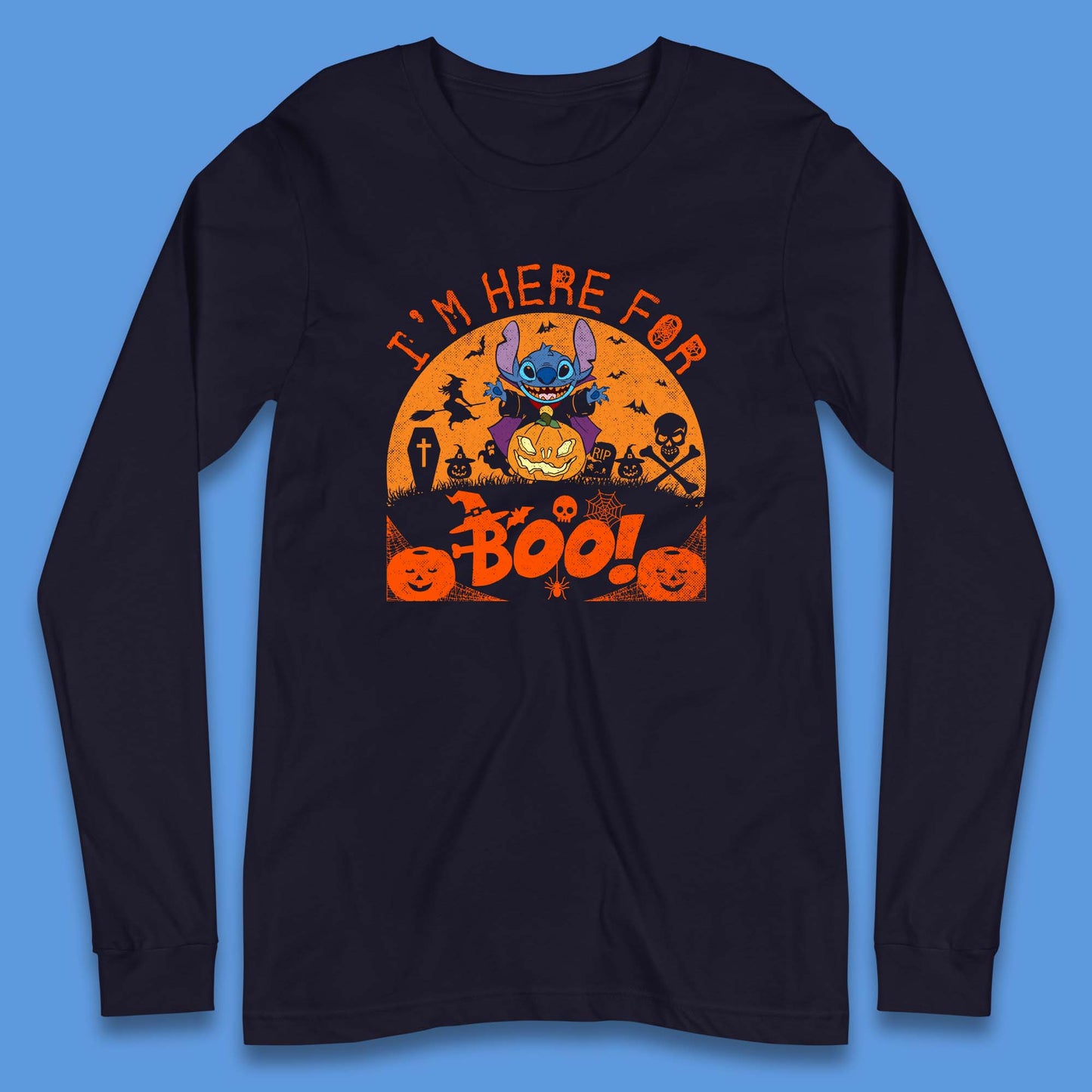 I'm Here For The Boo Disney Stitch Disney Halloween Pumpkin Devil Stitch Horror Scary Lilo & Stitch Long Sleeve T Shirt