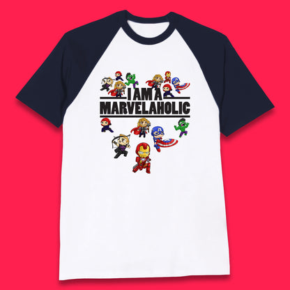 I Am A Marvelaholic Marvel Avengers Super Heroes Movie Characters Black Widow, Hulk, Iron Man, Thor, Captain America Baseball T Shirt