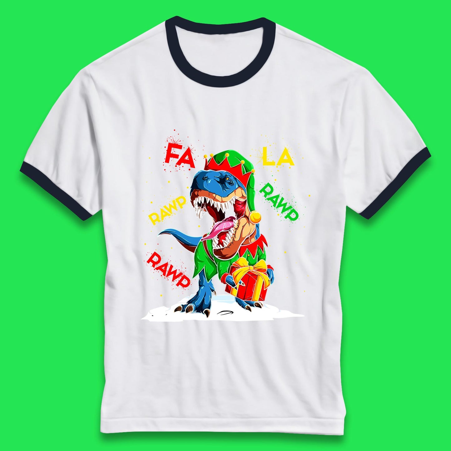 Fa La Rawr Rawr Christmas Dinosaur Wearing Elf Costume & Holding Gifts Xmas T-Rex Ringer T Shirt