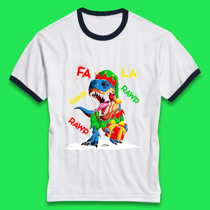 Fa La Rawr Rawr Christmas Dinosaur Wearing Elf Costume & Holding Gifts Xmas T-Rex Ringer T Shirt