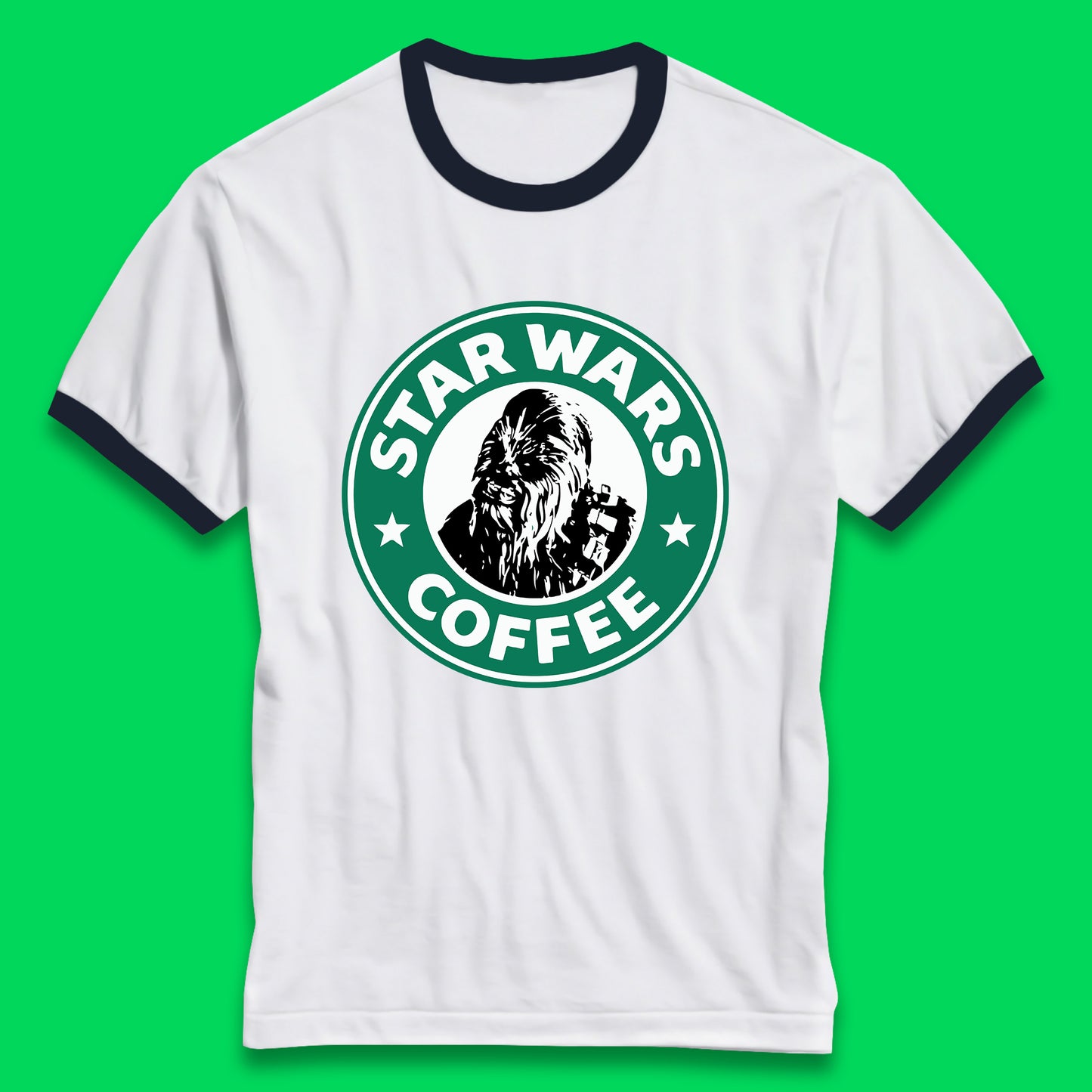 Chewbacca Star Wars Coffee Sci-fi Action Adventure Movie Character Starbucks Coffee Spoof 46th Anniversary Ringer T Shirt