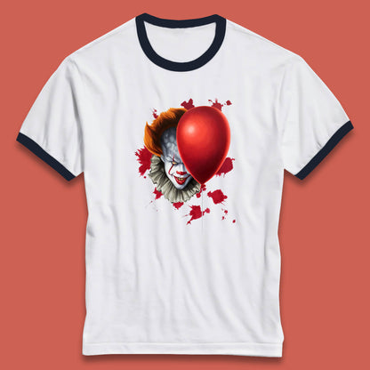 IT Pennywise Clown With Balloon Halloween Evil Clown Costume Horror Movie Serial Killer Ringer T Shirt