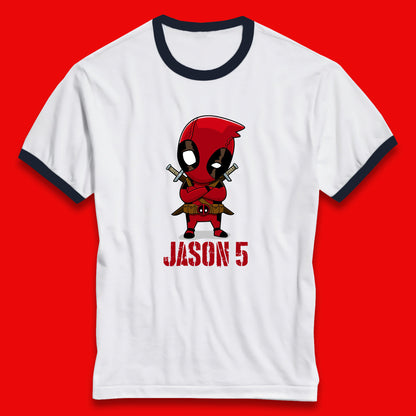 Personalised Chibi Deadpool Fictional Character Your Name & Age Superhero Comic Book Character Deadpool Marvel Comics Ringer T Shirt