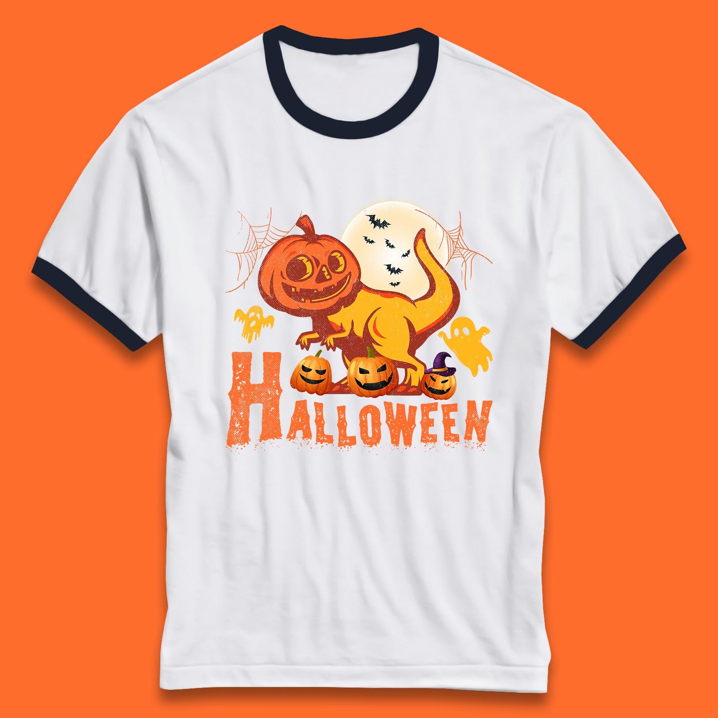 Halloween Dinosaur Jack O Lantern T-Rex Funny Dino Pumpkin Scary Boo and Bats Festive Costume Ringer T Shirt