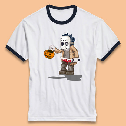 Chibi Jason Voorhees Holding Bloody Knife And Pumpkin Bucket Halloween Friday The 13th Horror Movie Ringer T Shirt