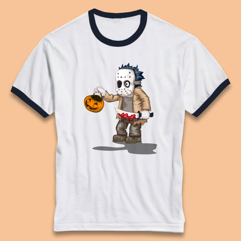 Chibi Jason Voorhees Holding Bloody Knife And Pumpkin Bucket Halloween Friday The 13th Horror Movie Ringer T Shirt