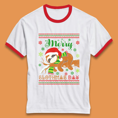 Merry Slothmas Day Christmas Santa Sloth Lovers Xmas Holiday Celebration Ringer T Shirt