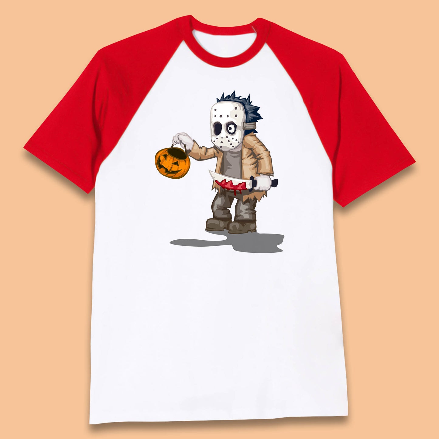 Chibi Jason Voorhees Holding Bloody Knife And Pumpkin Bucket Halloween Friday The 13th Horror Movie Baseball T Shirt