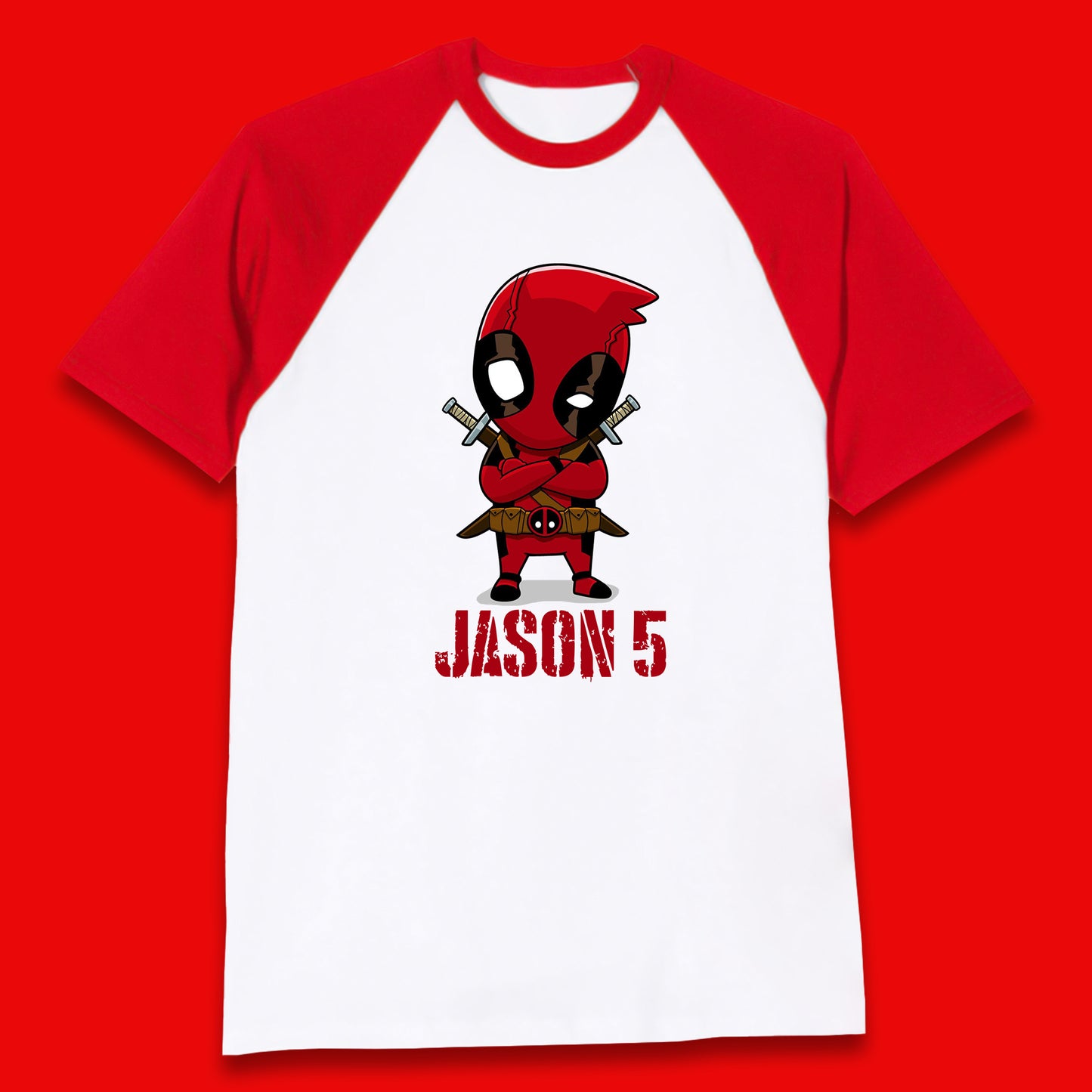 Personalised Chibi Deadpool Fictional Character Your Name & Age Superhero Comic Book Character Deadpool Marvel Comics Baseball T Shirt